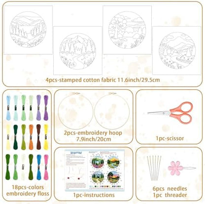 BEUNITONE 4 Set Forest Pattern Embroidery Kit for Adult Beginners Scenery Pre-Printed Designs Cross Stitch Kits, Needlepoint Kits for Adults, Handmade Embroidery for Home Decor 20x20cm - Image 2