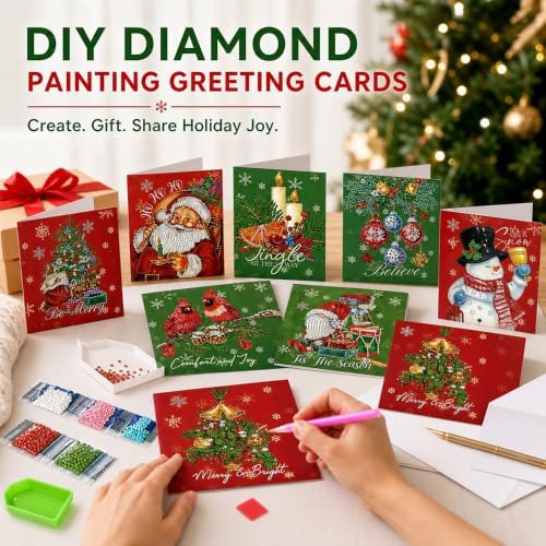 NUOFIX 12 PCS Diamond Art Christmas Cards with Envelopes, Christmas Crafts for Adults, Diamond Painting Kits for Card Making, Holiday DIY Kits (Green) - Image 5