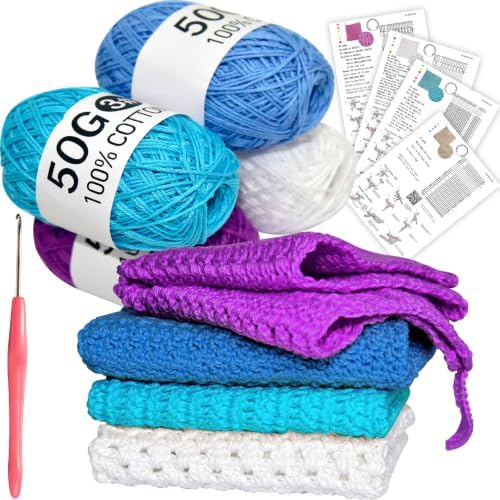 zwzxd Beginner Crochet Kit: Cotton Thread, Hooks & DIY Dishcloth Tutorial （Cool Blue-Purple） by zwzxd