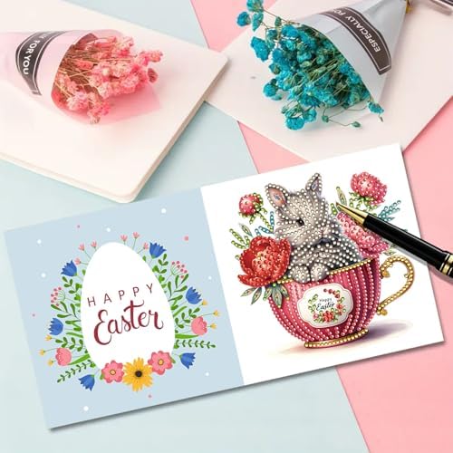 DIY Diamond Greeting Cards Set, 5D DIY Diamond Art Painting Festival Style Greeting Card, DIY Christmas Card Making Kits for Family Friends Handmade Gift-#20-Teacup Bunny - Image 5