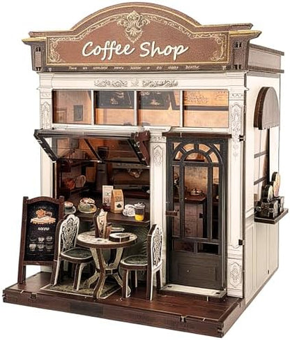 3D Wooden Coffee Shop Book Nook Kit - DIY Miniature Model with LED Lights, 143 Precision-Cut Pieces for Adults & Teens (1:24 Scale, Stress Relief Craft Gift) by Joibabe