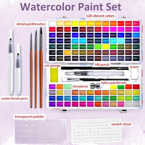 Caliart 128 Colors Watercolor Paint Set, Portable Art Supplies Palette Kit - Image 2