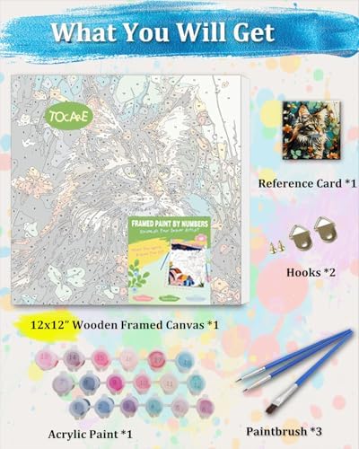 TOCARE Framed Paint by Numbers Kit for Adults Beginners, 12x12inch Cat Paint by Number with Frame,Easy Dragon Li Cat Paint by Numbers Framed Canvas(Without Easel) - Image 3