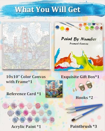 TOCARE Framed Paint by Numbers Kit for Adults Beginners & Kids Ages 8-12, Golden Gate Bridge Paint by Number with Frame, San Francisco Paint by Numbers Framed Canvas (10x10 Inch,Without Easel) - Image 3