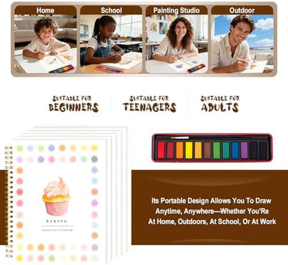 Watercolor Workbook for Adults, Beginner Friendly Watercolor Painting Kit Baking Pattern Water Coloring Book, Nature-Themed Practice Art Gift Water Color Paint Book with Palette and Brush - Image 6