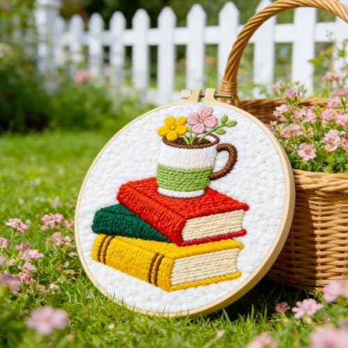 INFUNLY Books Flowers Punch Needle Kit for Beginners Floral Punch Needle Embroidery Kits for Adults 8.7''x8.7'' DIY Punch-Stitching Kit with Instruction Threader Needles Round Hoop for Wall Decor - Image 5