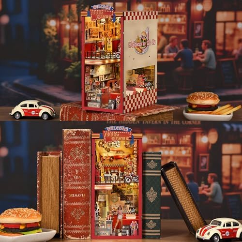fifijoy Book Nook Kit - DIY Miniature Dollhouse for Adults and Teens, 3D Wooden Puzzle Booknook with LED Light, Retro Tiny House Bookshelf Insert Decor, Gifts for Family, Friends (1950s Diner) - Image 2