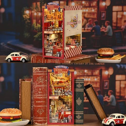 fifijoy Book Nook Kit - DIY Miniature Dollhouse for Adults and Teens, 3D Wooden Puzzle Booknook with LED Light, Retro Tiny House Bookshelf Insert Decor, Gifts for Family, Friends (1950s Diner) - Image 2
