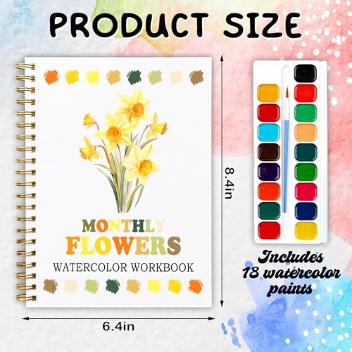 12 Months of Flowers Watercolor Set, Birth Flower Painting Book, DIY Art Kit for Beginners, Relaxing Floral Gift for Women & Adults, Stress Relief Watercolor Workbook - Image 2
