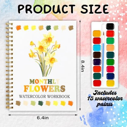 12 Months of Flowers Watercolor Set, Birth Flower Painting Book, DIY Art Kit for Beginners, Relaxing Floral Gift for Women & Adults, Stress Relief Watercolor Workbook - Image 2