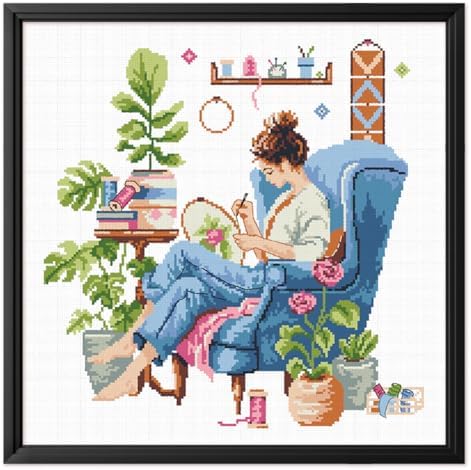 FREEBLOSS 11CT Cross Stitch Kits Girl Green Plants Stamped Full Range of Embroidery Starter Kits for Beginners Stamped Cross Stitch Wall Painting Craft Kit with Instruction, 17.7x17.7 by FreeandCreativeCraftsArt