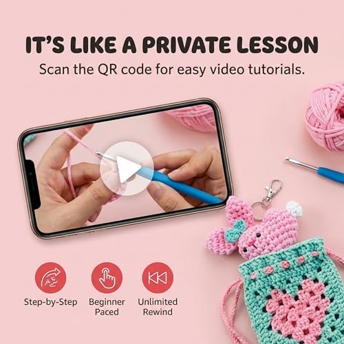 Wimmsie Crochet Animal Kit for Beginners - Easy Granny Square Crochet Kit for Beginners Kids & Adults - Cute Amigurumi Heart Bunny Keychain & Mini Heart Purse - Step by Step Video Tutorials - Image 2