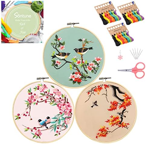 Santune 3 Pack Embroidery Kit for Adults Cross Stitch Kits for Beginners with Bird Patterns,3 Instructions,1 Hoop,Threads and 6 Needles,Hand Needlepoint Sets for Women by Santune