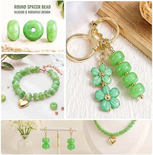 100Pcs 14mm Large Acrylic Beads for Jewelry Making, Chunky Marbled Round Focal Beads Bulk Set with Spacer Beads for DIY Bracelets Necklaces Keychains Bag Charms (Green) - Image 2