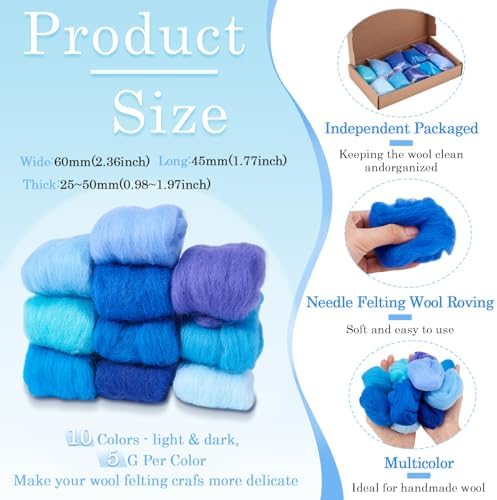 Boutigem 10 Colors Blue Needle Felting Wool 50g, 1.76oz Blue Wool Roving for Needle Felting, Soft Spinning Felting Wool Supplies for DIY Crafts, Felting, Blending, Weaving and Hand Spinning - Image 3