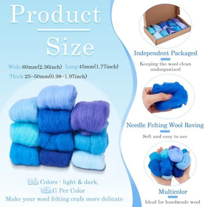 FASHEWELRY 1.76 OZ Wool Felt Kit Blue Theme Needle Felting Wool Roving 10 Colors Nature Wool Roving for Needle Felting Wet Felting DIY Hand Spinning - Image 5