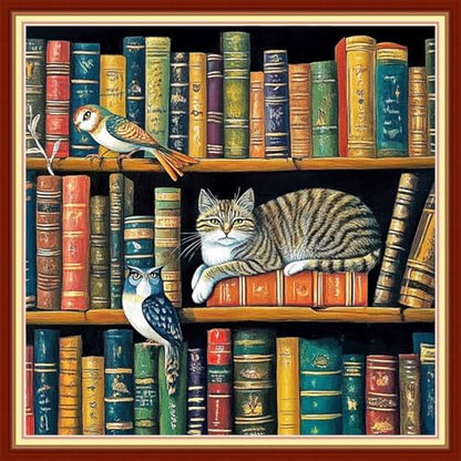 Joyhoor Cross Stitch Kits for Beginners Stamped Cross-Stitch Supplies Needlework preprint Embroidery Kits for Adults DIY Needlepoint Kits Embroidery Patterns 11CT-Cat Bookshelf 18x18 inchs by JoyhoorCrossStitchKits