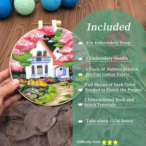 FONNUY Embroidery Kit for Beginners, Boho Nature Landscape Pre-Stamped Pattern Kits for Adults with Hoop, Easy to Follow Color Thread Needlework, 8'' Hoop (Flower House) - Image 2