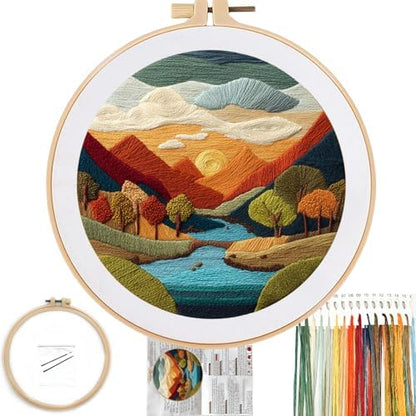 FONNUY Embroidery Kit for Beginners, Brightly Colored Landscape Lake Pre-Stamped Pattern Kits for Adults with Hoop, Easy to Follow Color Thread Needlework, 8'' Hoop (SkyBlue) by FONNUY