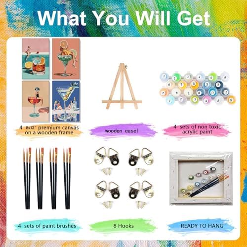 4 Pcs Cocktail Paint by Numbers for Adults with Frame Canvas - Wooden Easel - Image 4