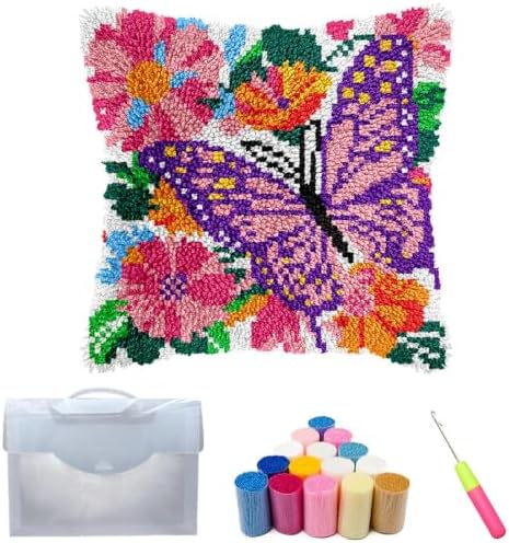 Latch Hook Kits for Adults Beginner,17x17 inch Butterfly Floral DIY Crochet Pillow Cover Kit Pre-Printed Pillowcase Hook and Latch Kit Needlework Cushion Cover for Home Sofa Decor (Butterfly Flowers) by Unknown