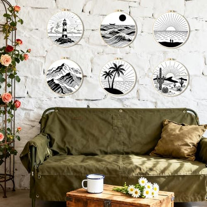 BEUNITONE 6PCS Beginner Embroidery Kit for Adults, Minimalist Black and White Style Pre-Stamped Pattern Needlepoint Kits with Hoops & Instruction, Hand Embroidery Kits for Fabric and Home Decor 7.9" - Image 6