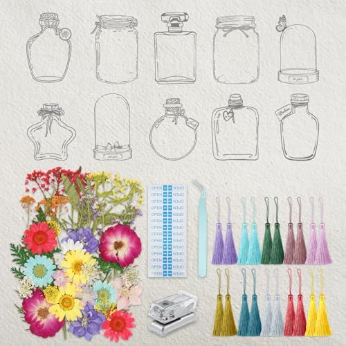 Large Size Bookmark Set, Pressed Flowers Bookmark Set, Bookmarks Making kit, Include Real Flowers Leaves, Cute Glass Bottle Shape, Handmade DIY with Tweezers Puncher Colorful Tassels by DEARPIH