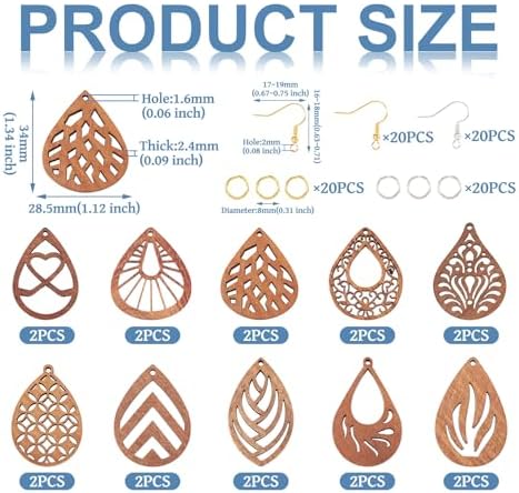 Elecrelive 20pcs Teardrop Wooden Earring Charms Wood Cutouts Earring Blanks Kit Boho Drop Pendants for DIY Earring Necklace Jewelry Making - Image 5