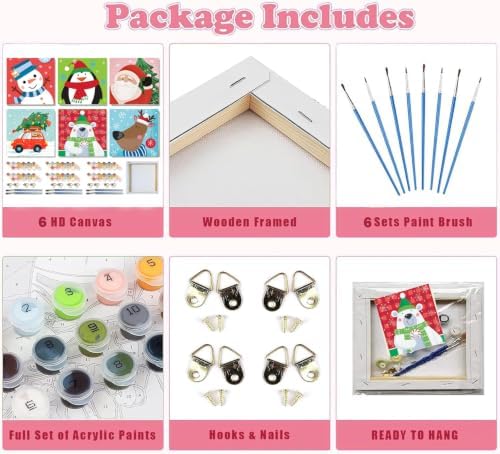 MXCFZX 6 Pcs Easy Christmas Paint by Numbers Kit Kids/Adults Framed 8x8in - Image 3