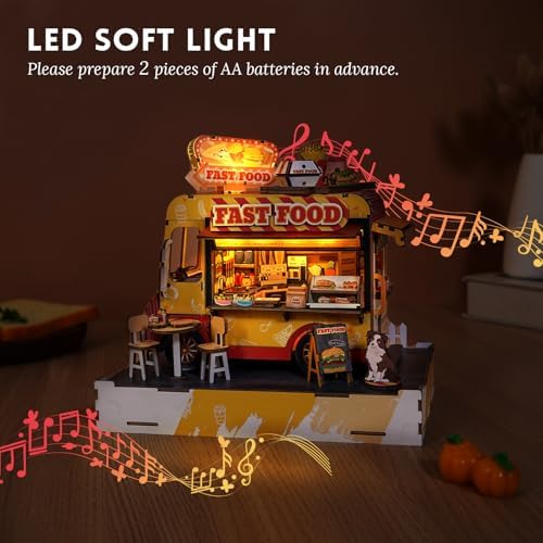 DIY Miniature House Kit (Fast Food Cart) Tiny Dollhouse Kits for Adults to Build, Mini Model Kits with LED Light&Music Box&Dust-Proof Cover, Birthday Gifts for Family Friends - Image 5