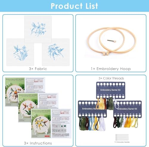 GLTAYLMY 3 Pack Embroidery Kits for Adults, Hummingbird and Flower Embroidery Kit for Beginners with Clear Instructions,1 Plastic Embroidery Hoops, Stamped Patterns, Colorful Threads, Tools - Image 3