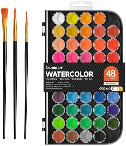 Shuttle Art Watercolor Paint Set, 48 Colors Watercolor Paint Pan Set with 3 Paint Brushes for Beginners, Artists, Kids & Adults for Painting, Journaling, Calligraphy Practice by ShuttleArt
