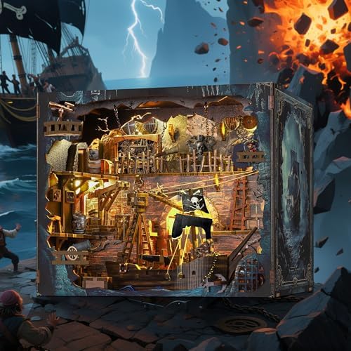 Book Nook Kit - DIY 3D Wooden Puzzle Miniature House with LED Lights - Creative Crafts for Adults - Bookshelf Insert Decor - Educational Gift for Family & Friends（Pirate Bay） - Image 6