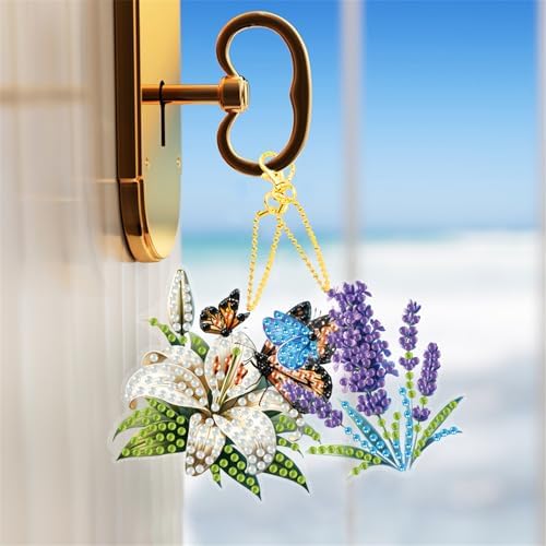 15 pcs Summer Theme Diamond Art Keychain Ornaments Double Sided 5D DIY Diamond Painting Keychain Kits for Adults Key Ring Art Pendant Decor (Flowers-2) - Image 4