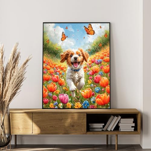 Paint by Numbers Kit for Adults, Happy Puppy & Tulip Design, 16x20 Inch - Image 7