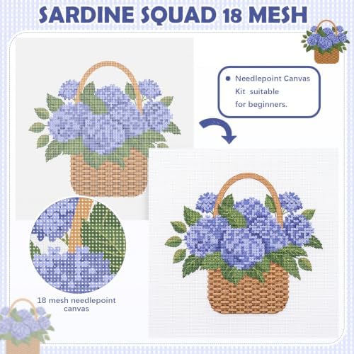 XunYee Needlepoint Canvas Kit, Hydrangea Basket - Image 3