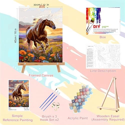 Horse Paint by Numbers for Adults with Framed Canvas - with Wooden Easel - Image 2