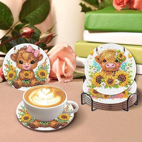 8 Pcs Cow Diamond Painting Coasters with Holder, Highland Cow Diamond Painting Kits, Cute Cow Diamond Art Coasters, 5D DIY Full Drill Diamond Dots, Diamond Art Kits for Adults Crafts Supplies - Image 2