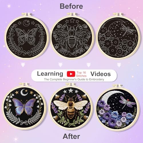 Huacan Embroidery Kit for Adults Beginners with 3 Hoops & Gift Box - Image 3
