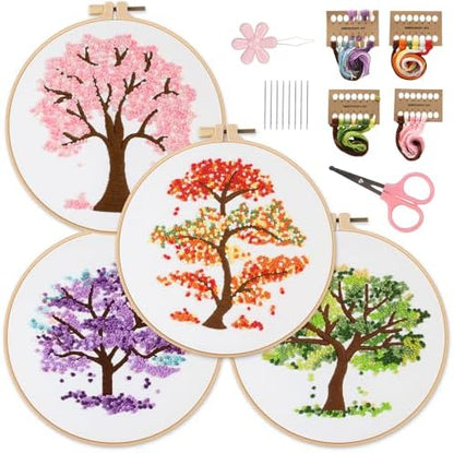 Sivilife Embroidery Starter Kit for Beginners, 4 Sets Stamped Cross Stitch Kits for Adult, Seasonal Tree Pattern Hand DIY Kits with 2 Embroidery Hoop Instructions Color Threads Needles and Scissor by Sivilife