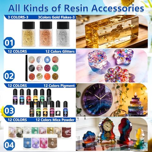 Epoxy Resin 1 Gal-Transparent Epoxy Resin Kit,Include 12 Pigments,Mica Powder and Glitter,-Clear,Low Odor,Bubble Free,Suitable for Jewelry Making,Handicrafts,Table Tops and Resin Molds (0.5gal*2) - Image 5