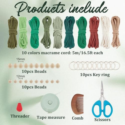 FREEBLOSS 10 Set DIY Macrame Leaf Keychain Kit for Beginners Macrame Leaf Hanging Ornament Boho Keychain Making Kit with Enough Cotton Cord - Image 2