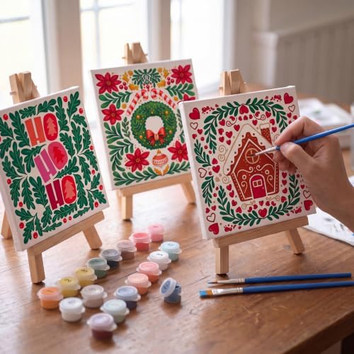 YooNotee 6 Pack Christmas Paint by Numbers Kit for Adults Nordic Winter Theme Canvas Painting Set 8 x 8 Inch with Acrylic Paints Brushes Easels, Holiday DIY Art Craft - Image 4