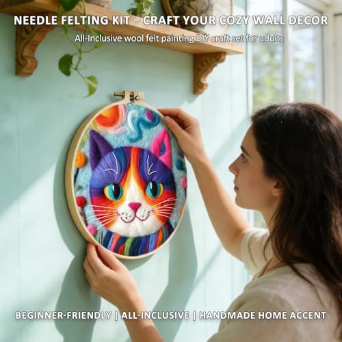 Zovylks Needle Felting Kit for Adults, 7.9 Inch Wool Felt Painting DIY Craft Set for Beginners, Needle Felt Starter Kit with Picture Frame, Foam Pad, Finger Cot (Purple Cat) - Image 4