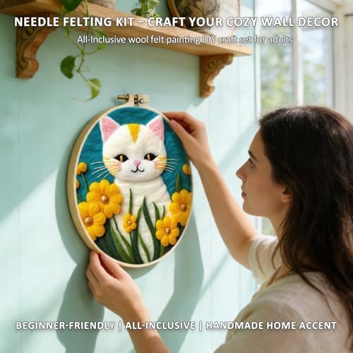 Zovylks Needle Felting Kit for Adults, 7.9 Inch Wool Felt Painting DIY Craft Set for Beginners, Needle Felt Starter Kit with Picture Frame, Foam Pad, Finger Cot (White Cat) - Image 4