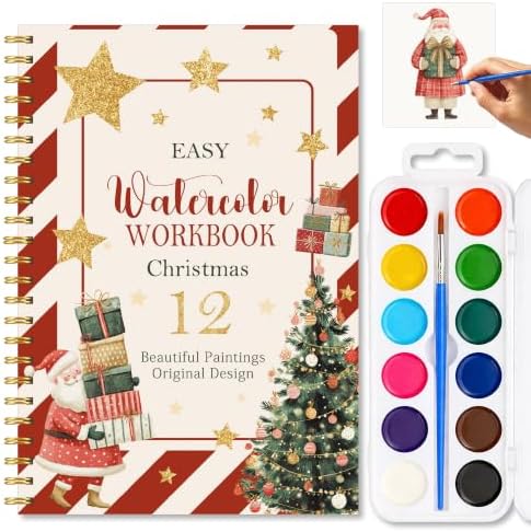 Christmas Gift, Christmas Watercolor Workbook, 12 Different Xmas Patterns Original DIY Designs, Water Coloring Book Set with Palette and Brush, Xmas Watercolor Book Gift for Beginners Girls Boys by Unknown