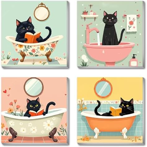 Canrichshop 4P Bathing Cat Paint by Numbers for Beginner with Frame,Black Cat Adult Painting by Numbers Kits on Canvas, DIY Oil Painting for Decor 8X 8 inch by Canrichshop