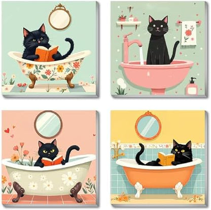 Canrichshop 4P Bathing Cat Paint by Numbers for Beginner with Frame,Black Cat Adult Painting by Numbers Kits on Canvas, DIY Oil Painting for Decor 8X 8 inch by Canrichshop