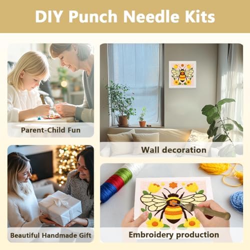 DOODLREAM Bumble Bee Flower Needle Kit for Beginner, 9.4"x 9.4" Cute Garden Bee Punch Stitching Craft Set, DIY Embroidery Starter with Printed Frame, Instruction, Threader, Yarn, Pinch Needle - Image 4