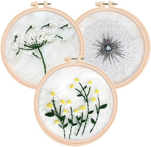 Clear Background Embroidery Kit for Beginners – DIY Hand Embroidery Kit with 3 Hoops, Stamped Patterns, Needles, Thread, Scissors – Minimalist Embroidery Set for Adults, Teens, Women, Craft Lovers by FindYourZen